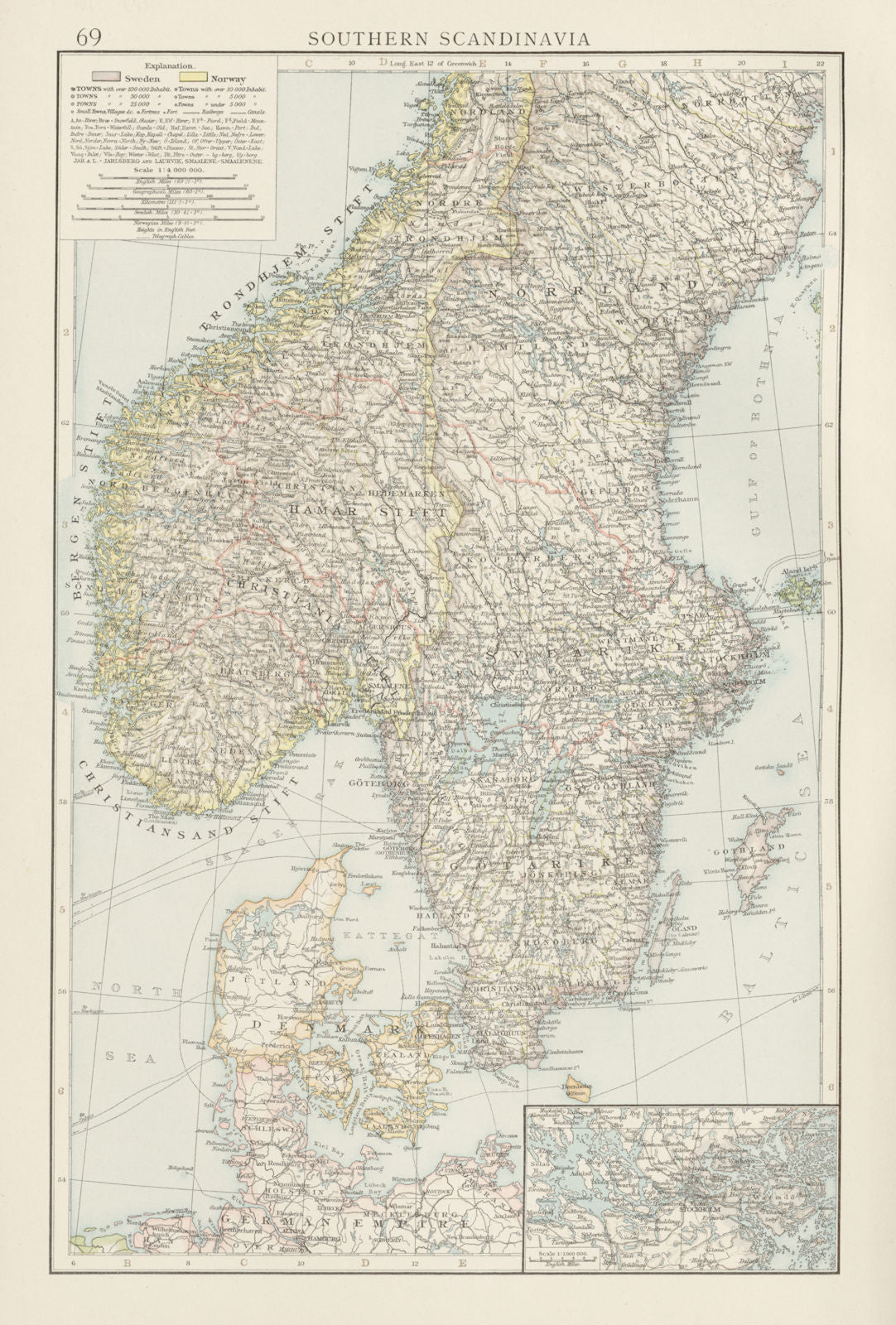 Southern Scandinavia. Norway Sweden Denmark. Stockholm environs. TIMES 1900 map